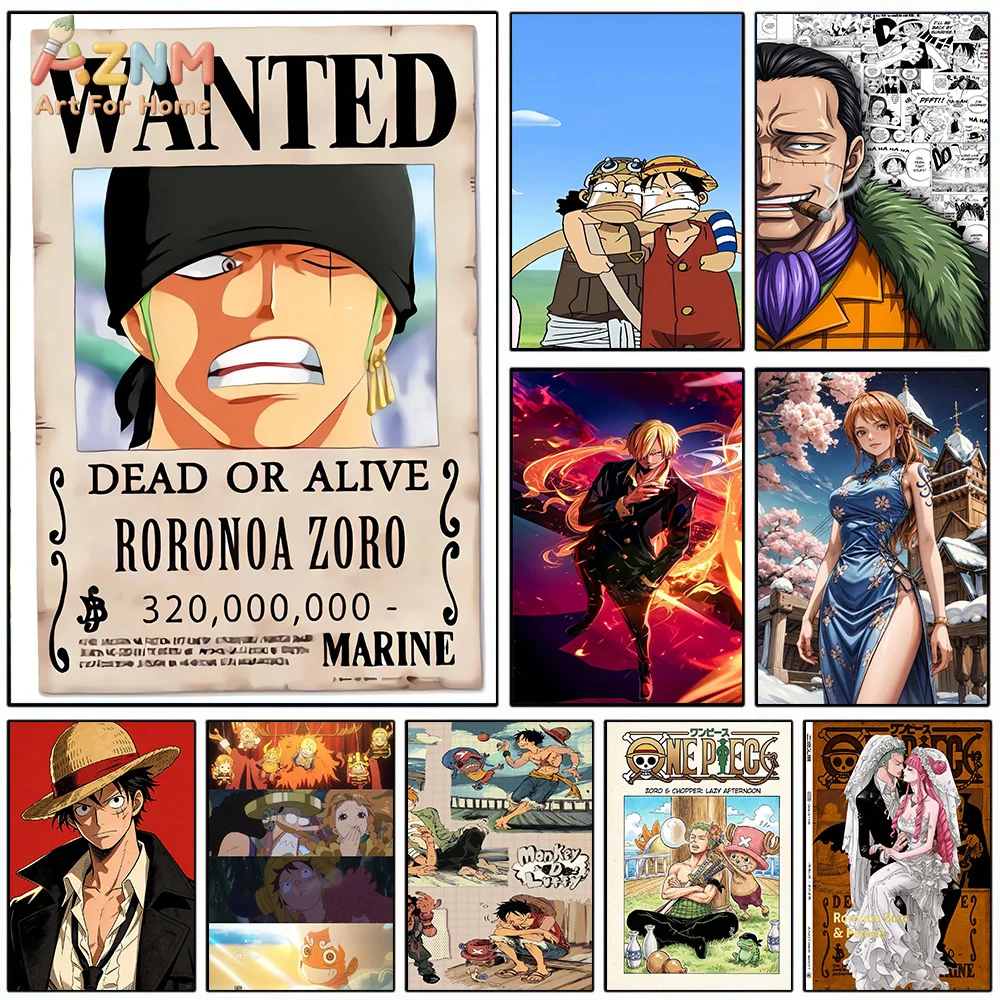AZNM One Piece Anime Canvas Wall Art Roronoa Zoro Sanji Nami Monkey D Luffy Crocodile HD Print Frameless Wall Art Painting Japan