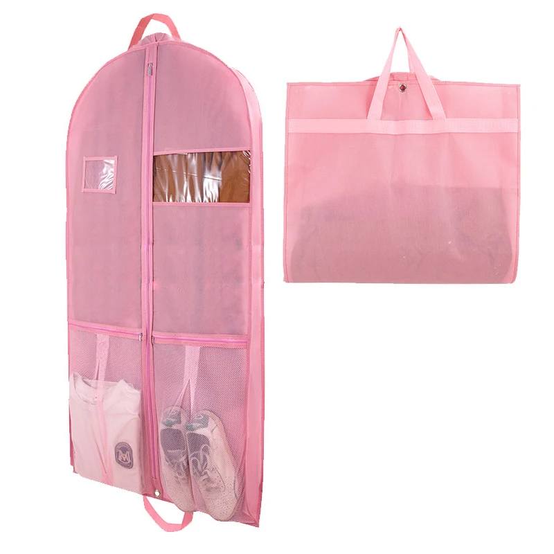 Pink Non-woven Dust Bag Hanging Garment Bag for Travel and Storage Zippered Clothes Bags with Mesh Pockets for Suit Shirt Dress