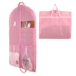 Pink Non-woven Dust Bag Hanging Garment Bag for Travel and Storage Zippered Clothes Bags with Mesh Pockets for Suit Shirt Dress