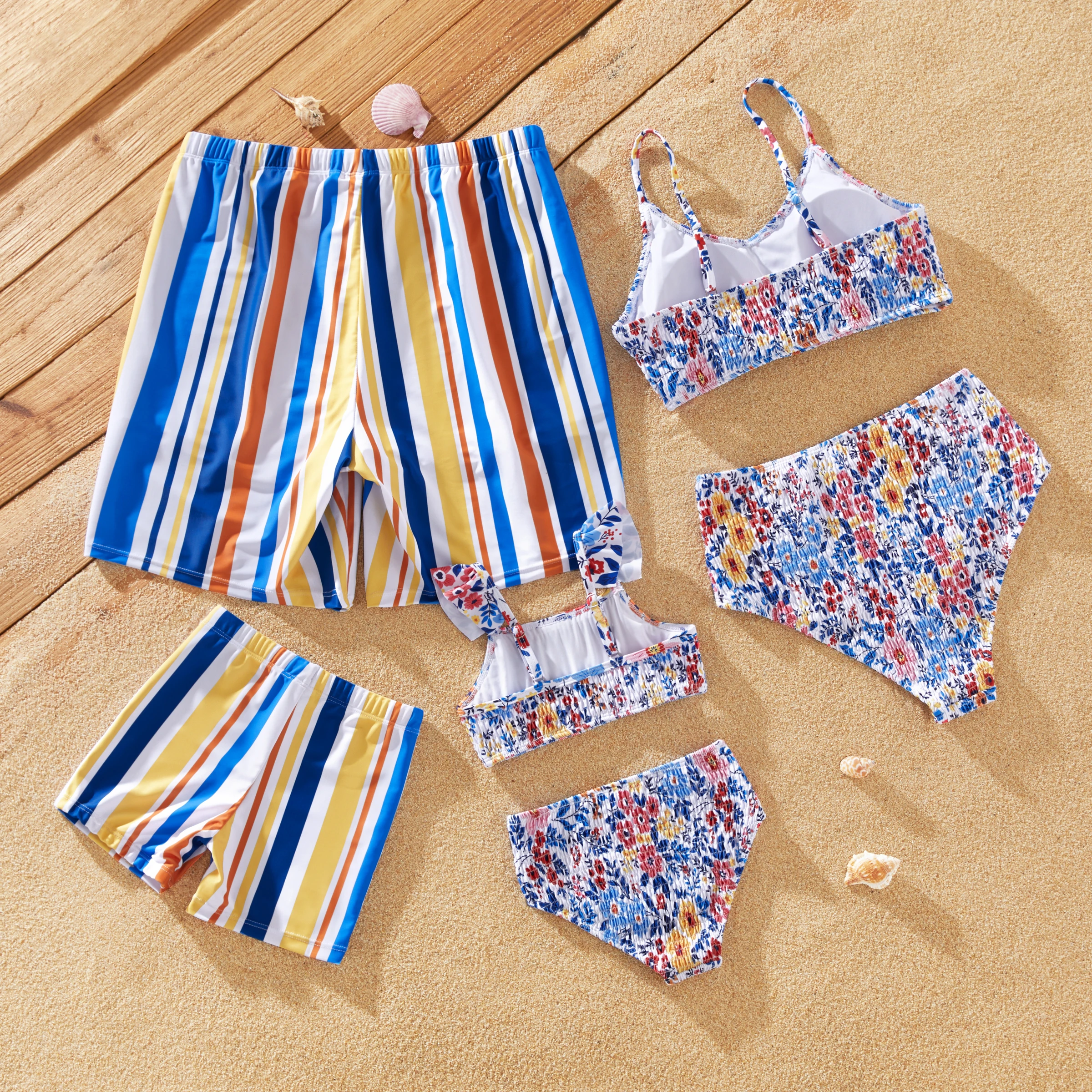 PatPat Family Matching Stripe Swim Trunks or Ditsy Floral Shirred Two-Piece Swimsuit