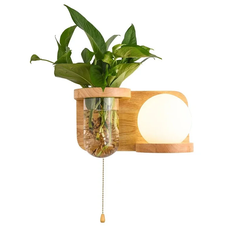 

Creative solid wood wall lamp pull wire staircase customer bedroom store pastoral flower and grass decoration LED lamp warm