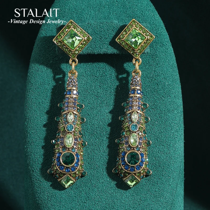 

Vintage Jewelry Long Earrings Luxury Elegant Green Crystal Rhinestones Square Drop Dangle Gold Color Designer For Woman Wedding