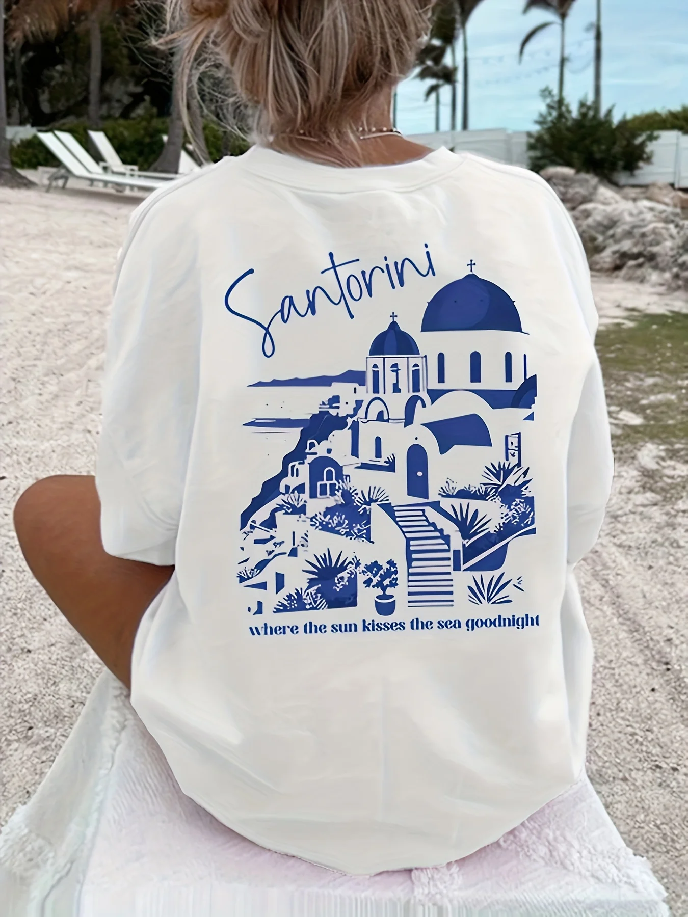 Santorini Griechenland T-Shirt Damen Herren Retro Architektur Grafik-T-Shirt Sommer Strand Urlaub Kurzarm Harajuku Unisex Tops – Detail 3
