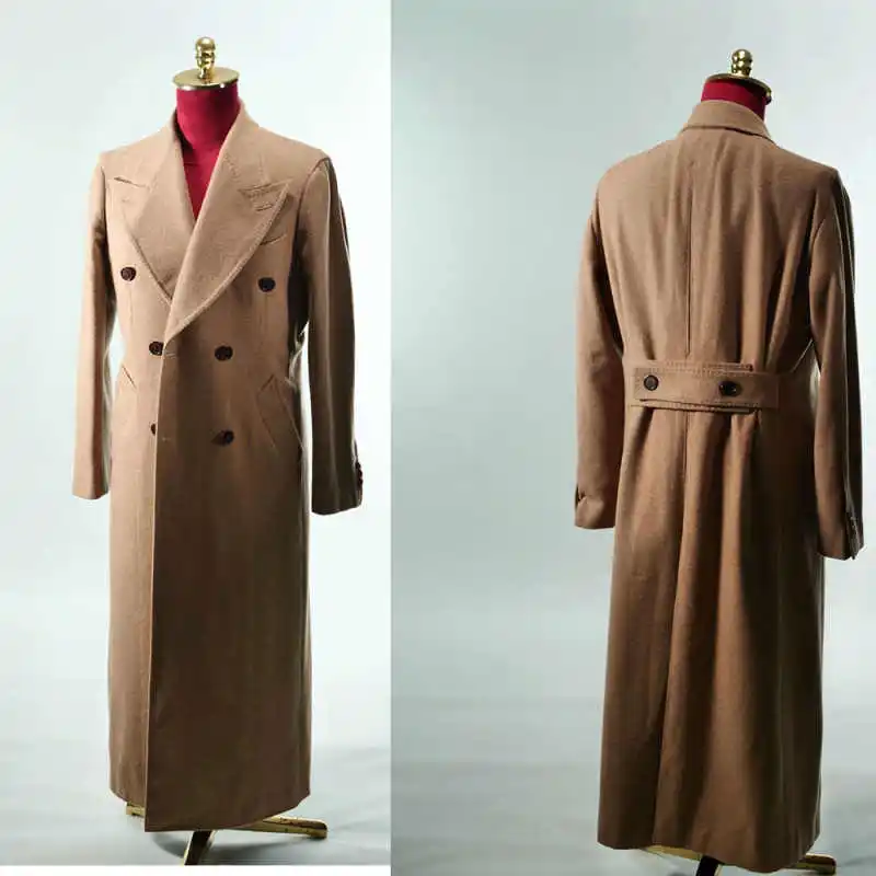 

Casual Men Long Double Breasted Coat Peaked Lapel Wool Blend Jacket Winter Warm Groom Wedding Tuxedos Custom Made