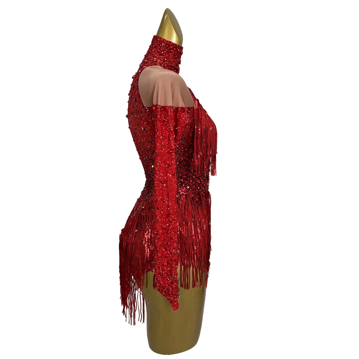 Nightclub Sexy Show Wear Carnival Party Bodycon Spandex Elastic Tassel Red Bodysuit Sparkly Rhinestone Stage Performance Costume