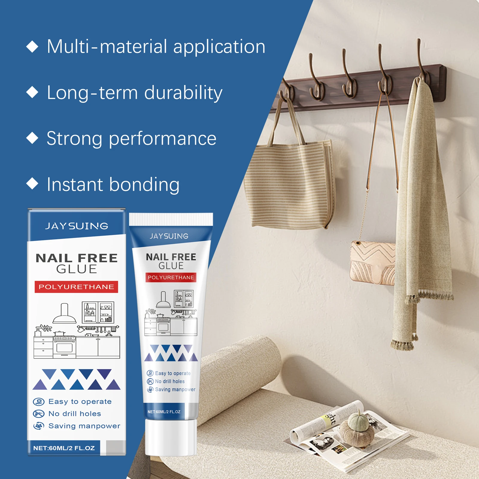 Heavy Duty Nail Free Glue Strong Waterproof Weather Resistant Kitchen Bathroom Hook Tile Wood Metal Plastic Home Repair Adhesive