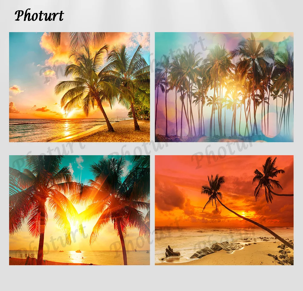 PHOTURT Beach Sunset Photography Backdrop Birthday Wedding Background Golden Sunshine Coconut Tree Vinyl Photo Studio Props