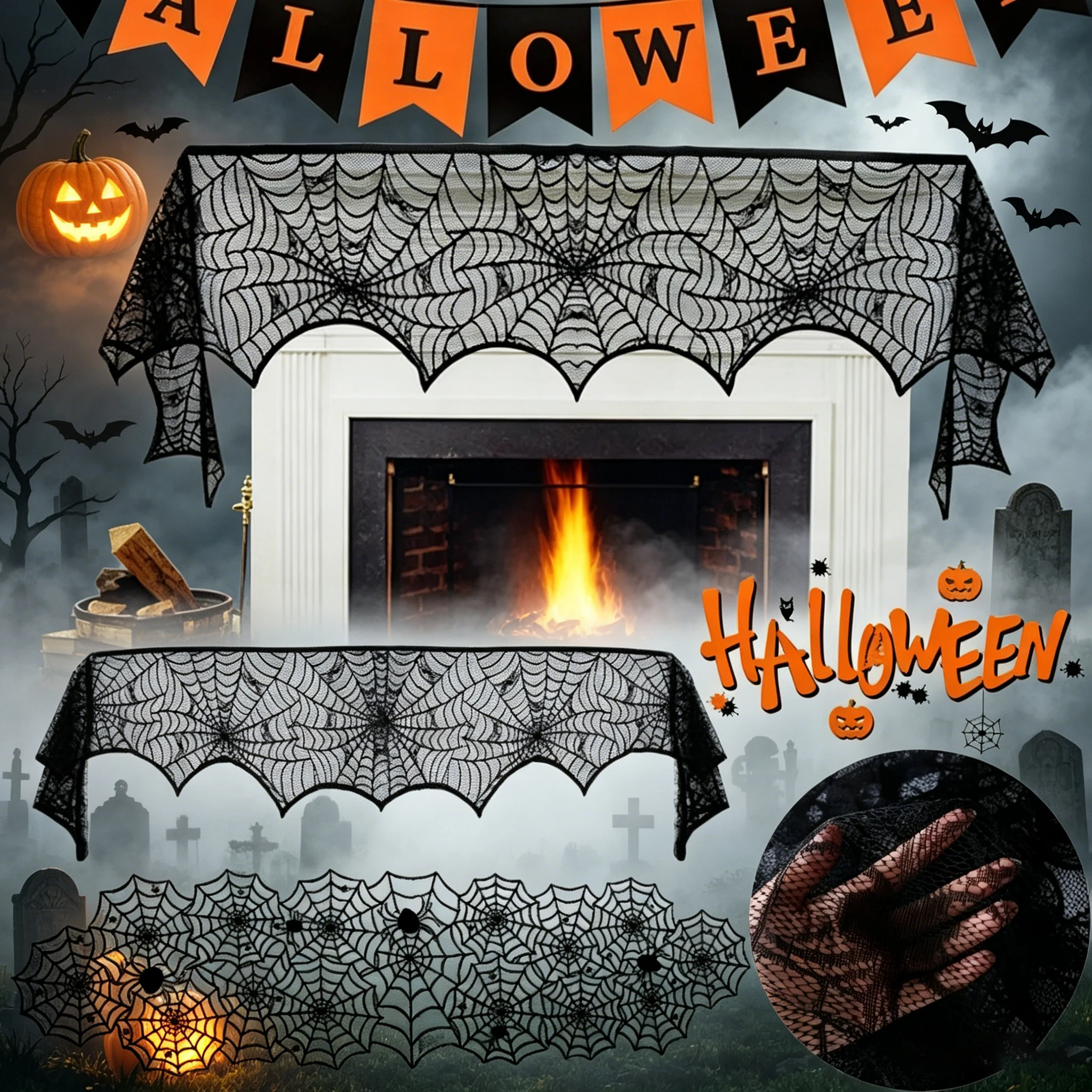 Black Spider Web Lace Table Scarf Halloween Fireplace Decorations Party Supplies Home Dining Table Halloween Decor