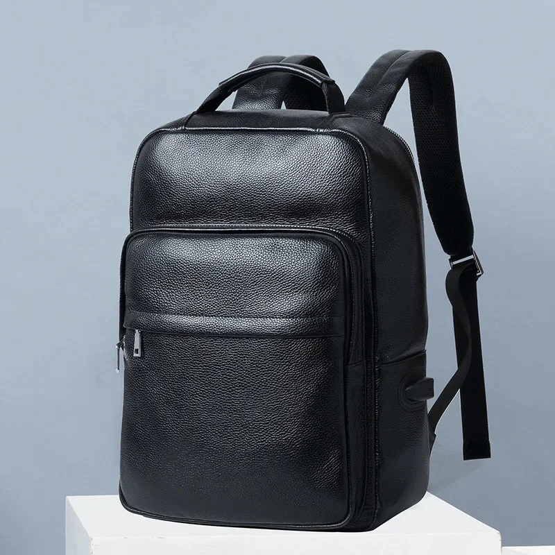 

Fashion leather backpack men's business computer bagpack top layer cowhide with USB charging cable daypack men male