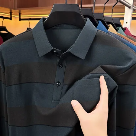 Einfaches Herren-Poloshirt mit langen Ärmeln, Kragen, Brusttasche, Knopfleiste, für Büro, Frühling, Herbst, Freizeit. – Detail 6