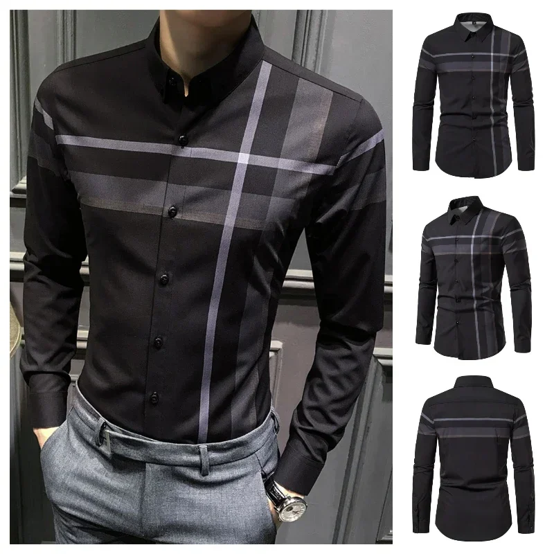 Men\'s New Spring and Summer Long Sleeve Shirt Fashion Trend Stripes Thin Men Clothing