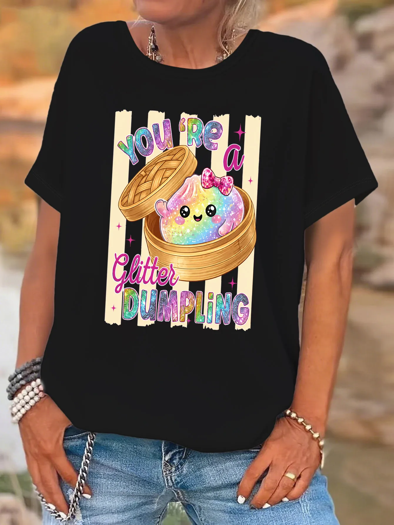 Cute Rainbow Glitter Dumpling In Bamboo Steamer Slogan Art Print Graphic Ladies T Shirt Short Sleeve Crew Neck Casual Tee Tops