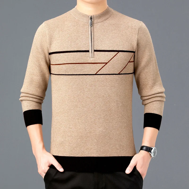 Men's Long Sleeve Knit Crewneck Sweater Middle-aged Men Winter Loose Half Zip Base Shirt