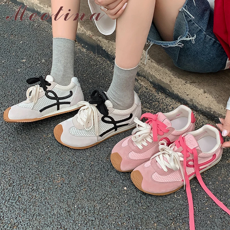 

Meotina/женские кроссовки из натуральной кожи с круглым носком на плоской подошве, лаконичная женская модная повседневная обувь на шнуровке, весна-осень, бежевый, розовый 40,