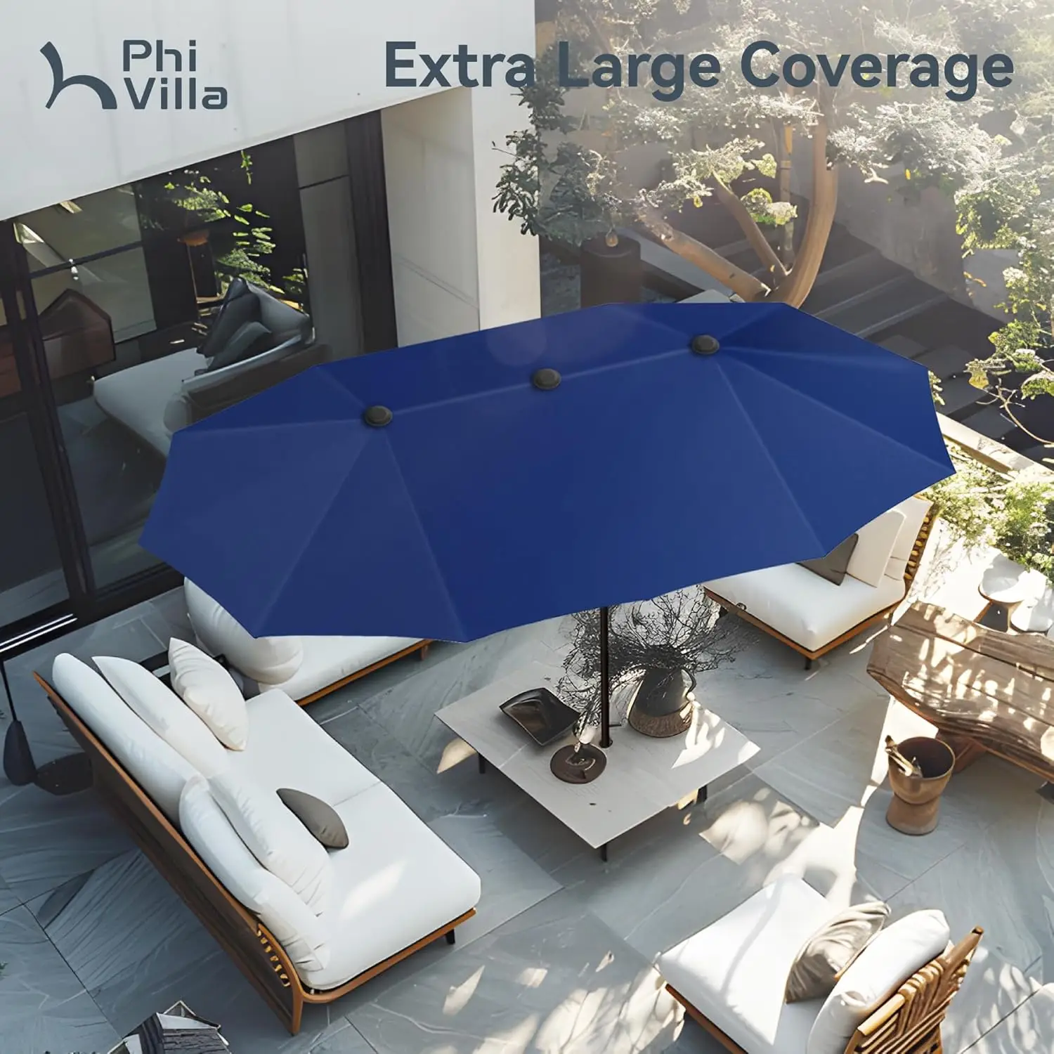 PHI VILLA 13ft Duże parasole tarasowe Dwustronny prostokątny parasol na zewnątrz Haze Blue