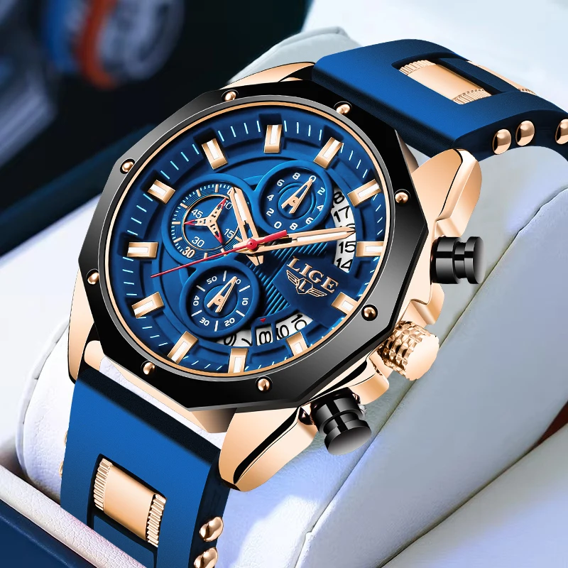 

LIGE Outdoor Fashion Quartz Man Watch Luxury Creative Casual Sport Waterproof Silicone Strap Auto Date Watches for Men Clock New
