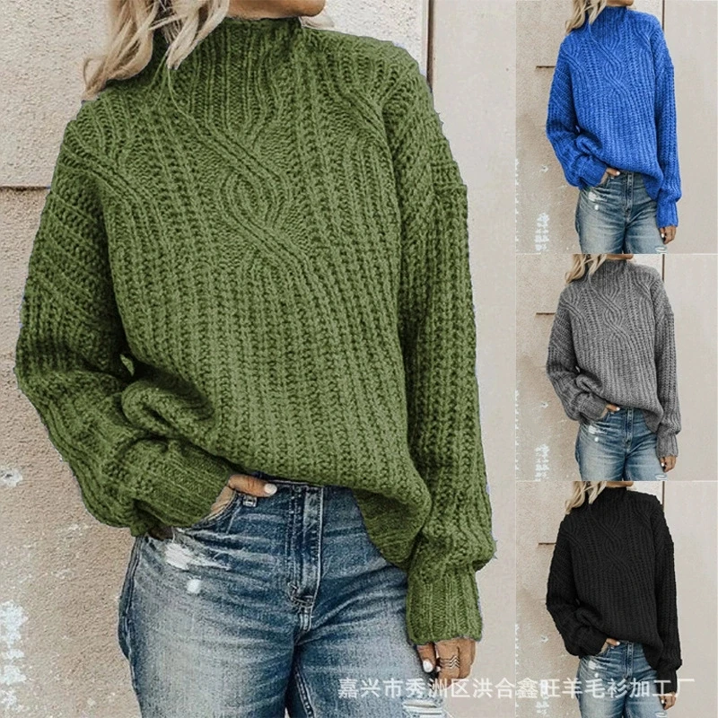 

European and American Sweaters Women's High Neck Fried Dough Twists Elegant Fashion Versatile Knitted Top Pullover