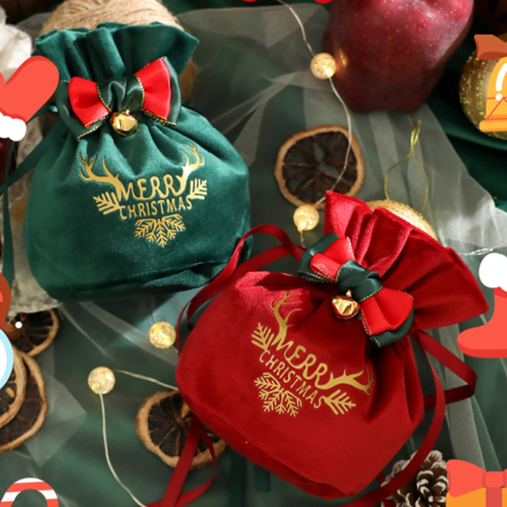 

Christmas Gift drawstr Bag Candy Velvet Apple Bag Bow and bell decoration High quality hot stamping process Not easy to fade