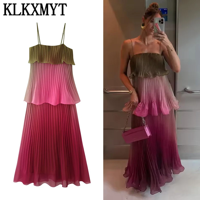 KLKXMYT Chic Gradient Color Pleated Women Maxi Dress Elegant Thin Strap Ruffle Tiered Dresses 2026 Summer Lady Vacation Dress