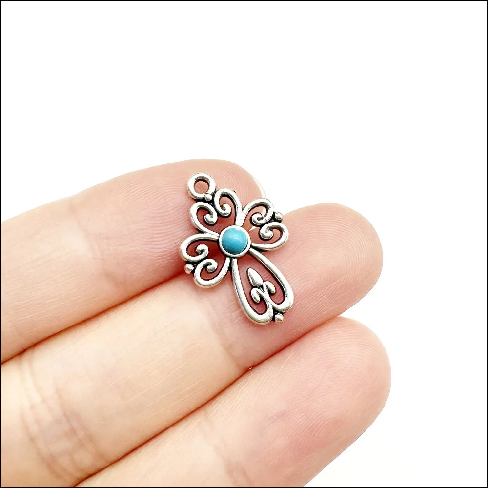 Palm Cross Heart Pendants Antique Silver Color Turquoise Charms For Bracelets Charms Making Jewelry view 5