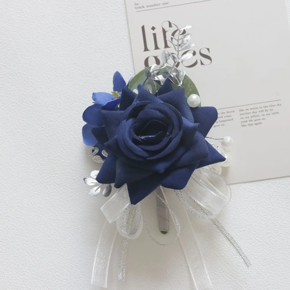 Корсаж и бутоньерка темно-синяя искусственная роза ручной работы на запястье корсаж и бутоньерка с цветком жениха свадебное украшение