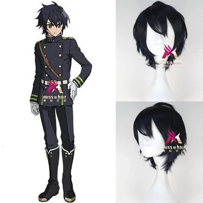 جودة عالية أنيمي ساروف نهاية يويتشيرو هياكويا شعر مستعار أسود تأثيري الأزرق مزيج مقاومة للحرارة الباروكات الشعر الاصطناعية + غطاء شعر مستعار #1