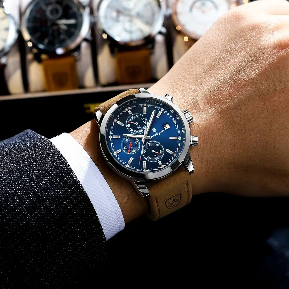 POEDAGAR Funktionelle Herren-Armbanduhr, Datum, wasserdicht, leuchtend, Chronograph, Herrenuhren, Leder, Quarz, Militär, Herrenuhr + Box, Geschenk