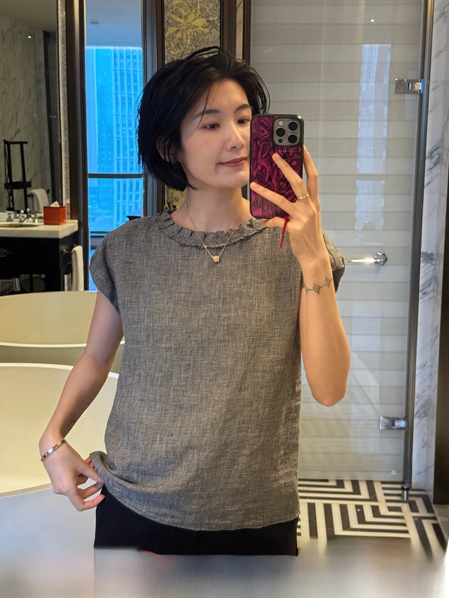 

Льняная женская летняя модная свободная блузка Langqing с коротким рукавом, в клетку, с круглым вырезом, тонкая, стандартной длины