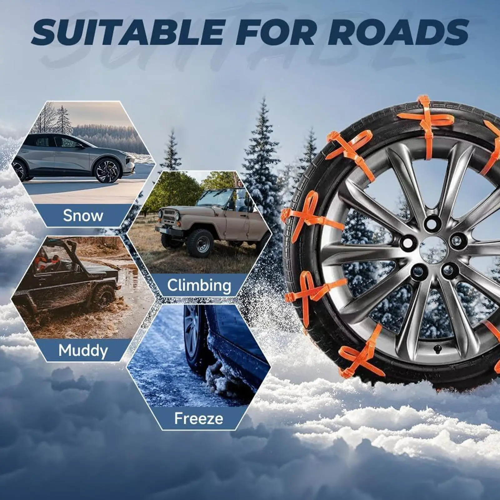 Car Snow Chain 5 Piece Tyre Traction Grips Snow Tire Chains For Suv Truck Pickup Van Sedans 165-275mm Winter Driving