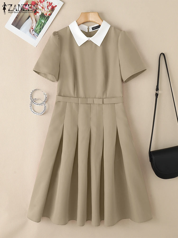 Abito estivo da donna 2025 ZANZEA Abiti eleganti a pieghe Elegante collo con risvolto Manica corta da lavoro OL Vestito estivo Solido A Line Bow Vestido