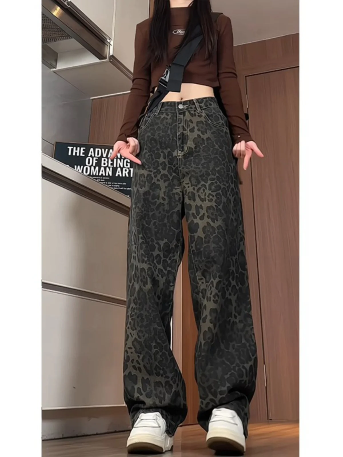 

American Sle Leopard Print Men's Jeans Vintage Wide Leg Straight Cut Unique Design Retro Workwear Trousers for Teens