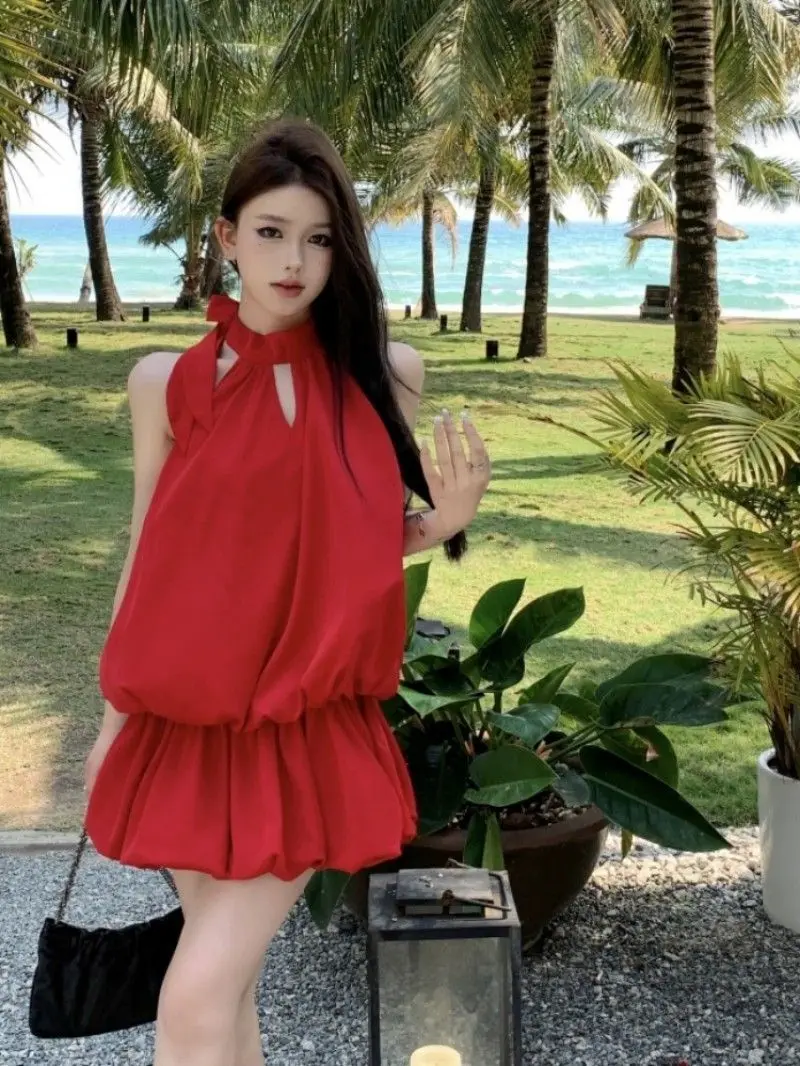 Vestidos femininos na altura do joelho 2025 mulher sem mangas plissado acordeão drapeado dobras empilhadas em camadas torções babados