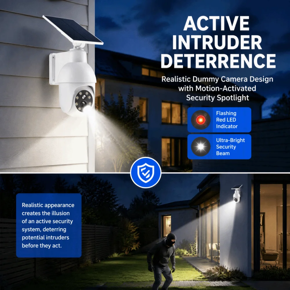 Solar Powered Solar Fake Security Camera Motion Sensor Rotatable Dummy Security Camera Flashing Red Light Anti-Theft