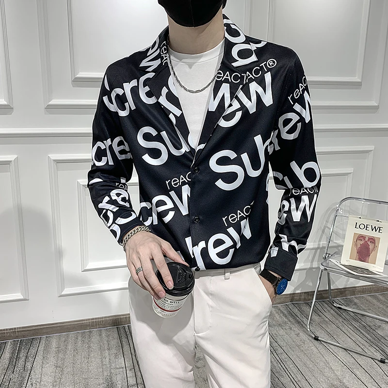 

Big Letters Personality Street Fashion Slim Long Sleeve Men Shirt Spring Quality Smooth Comfortable Silky Camisa Masculina M-5XL