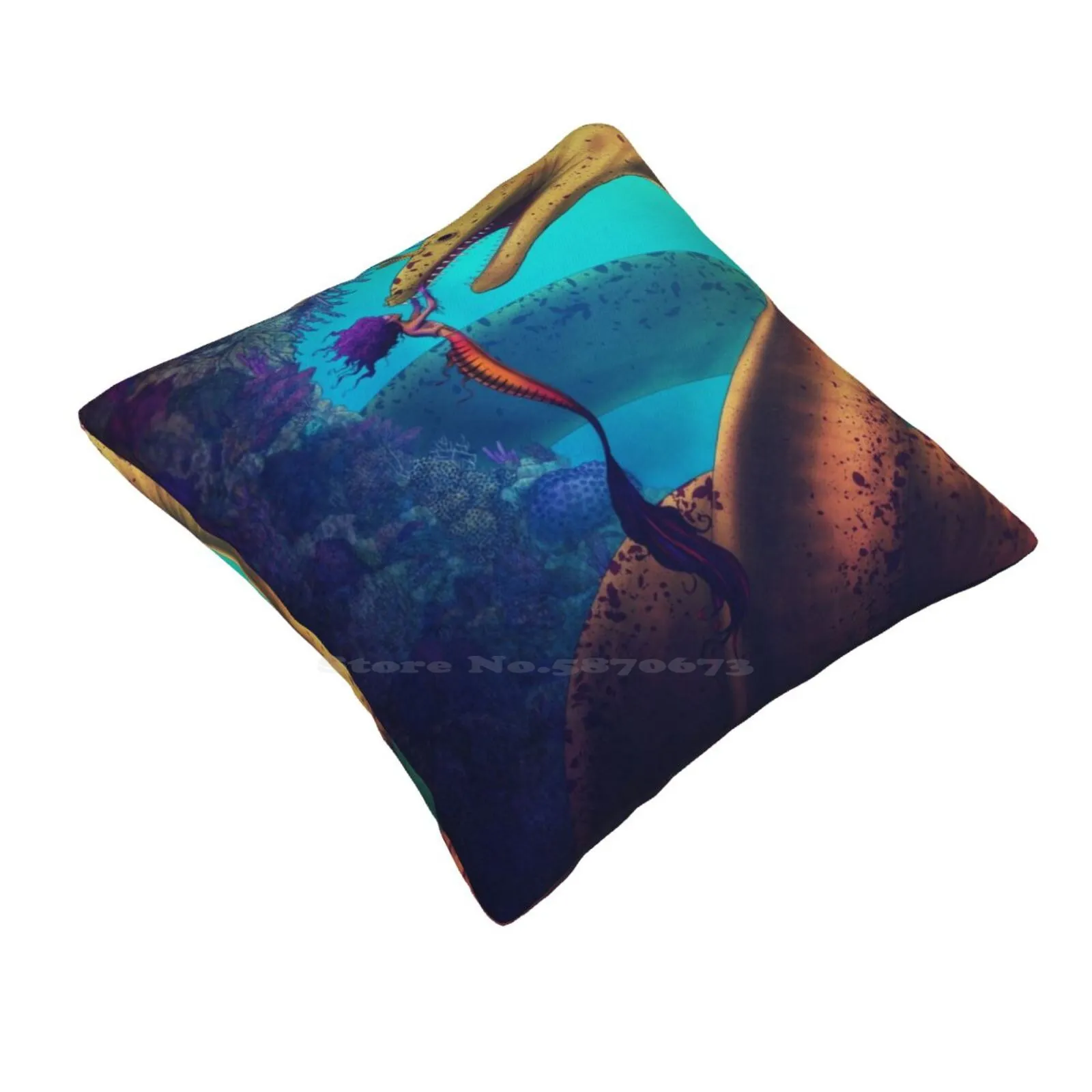 My Old Friend ( Digital Illustration ) Pillow Cover Hug Pillowcase Mermaid Fantasy Art Magic Underwater Ocean Blue Giant Eel