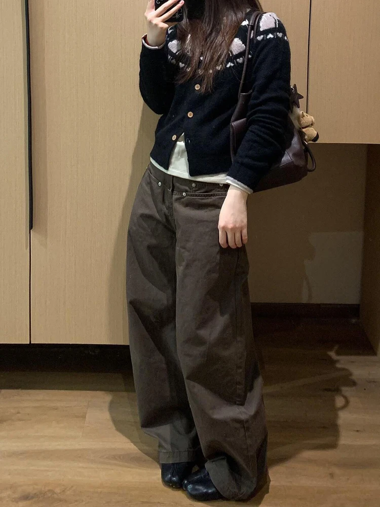 American Retro Coffee Color Design Sense Wide Leg Jeans Women's Autumn Winter New Loose Slim High Waist Wide Leg Floor-Length...