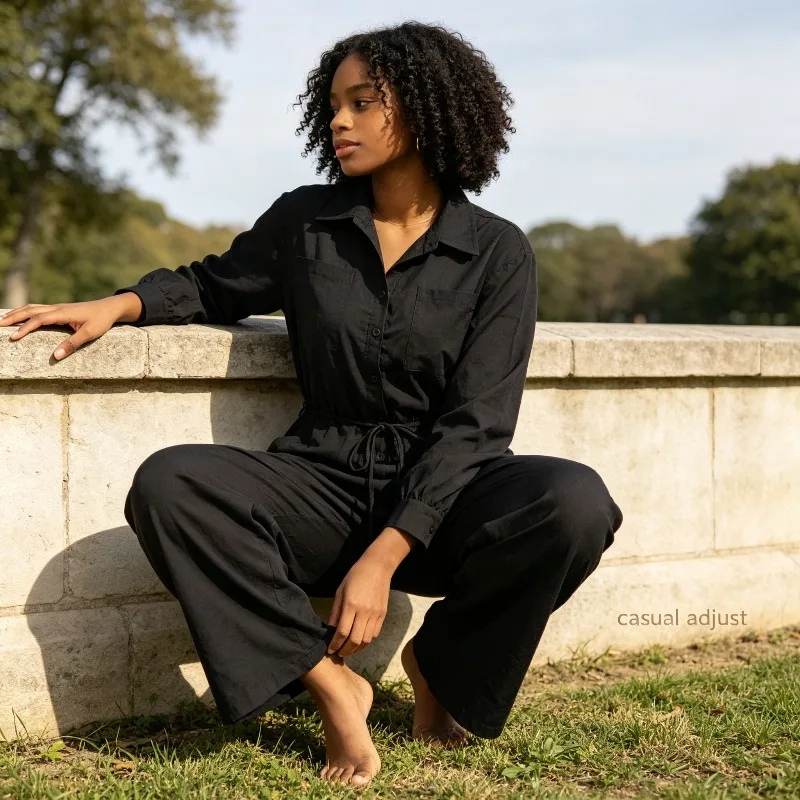 Solid Color Black Jumpsuit Elegant Wide Leg Jumpsuit Suitable for Women's Office Daily Commuting Casual Fashion