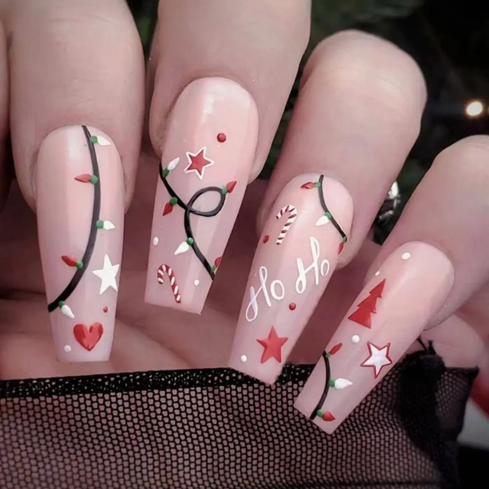 24pcs Full Cover DIY Manicure French Coffin Long Short Almond Ballerina Christmas Snowflake Santa Claus Fake Nails