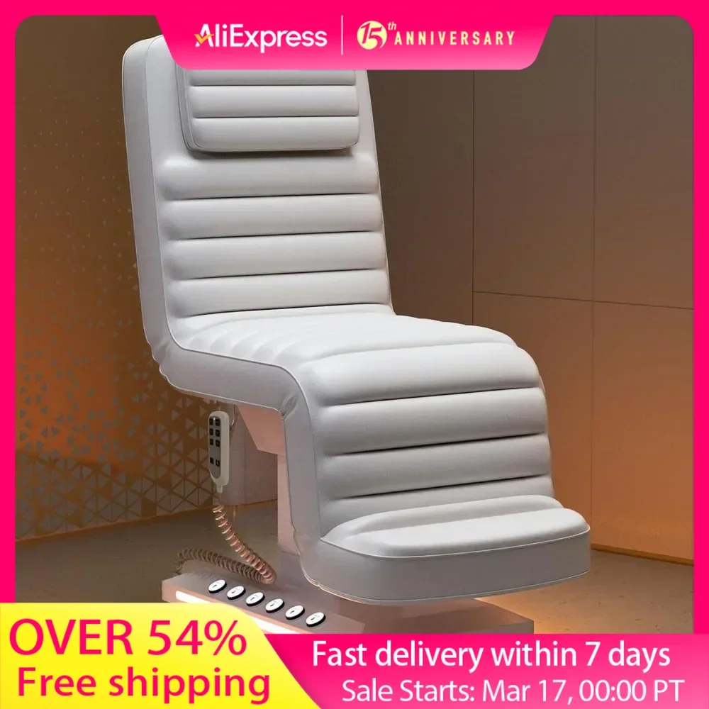 Fully Electric Spa Chair 3 Motor, Professional Electric Height & Angle Adjustable Massage Table with LED Lights,White