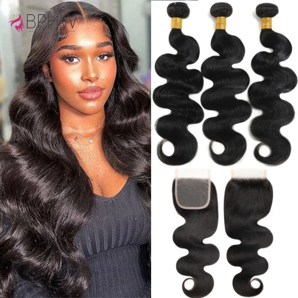 BPHW Body Wave 30Inch Bundles With Closure 100% Human Hair Extensions Peruvian Hair For Black Women Natural Color Remy Hair