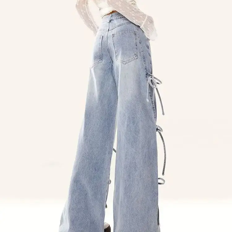 Jeans Bow Tie Autumn New Women Loose American Retro Street Style High-Waisted Wide-Leg Floor-Length Trousers