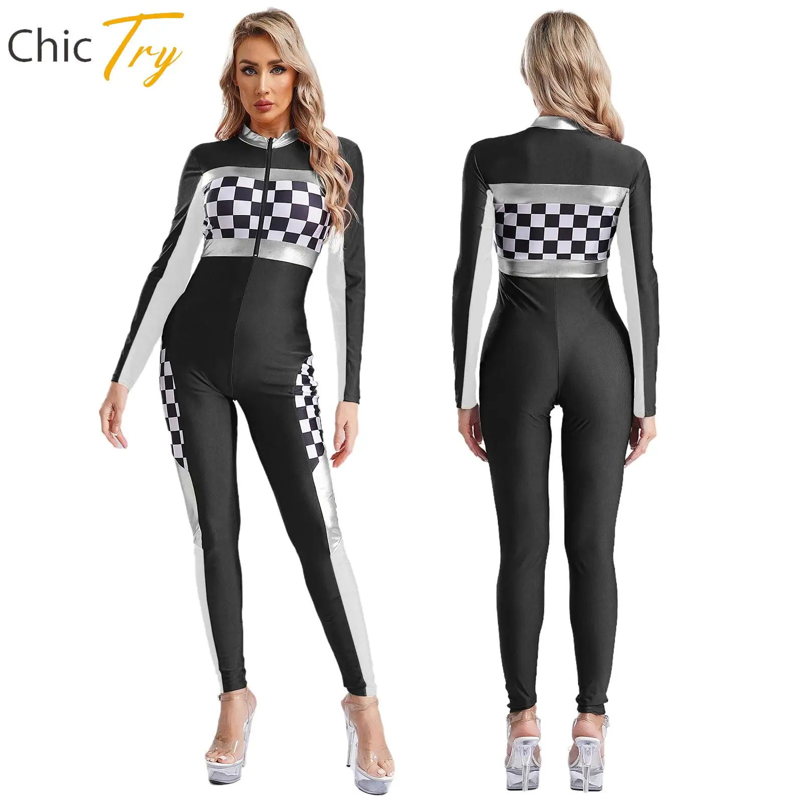 Womens Sexy Checkerboard Racing Cheerleading Uniform Jumpsuit Costume Long Sleeve Rompers Racer Driver Cosplay Bodysuit Clubwear