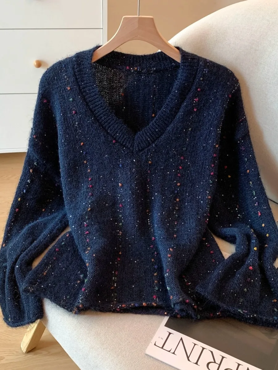 

Женский трикотаж премиум-класса V-Ne Long Sve, осенне-зимний свободный ленивый сарафан, самосохраняющий цвет в горошек, корейская версия