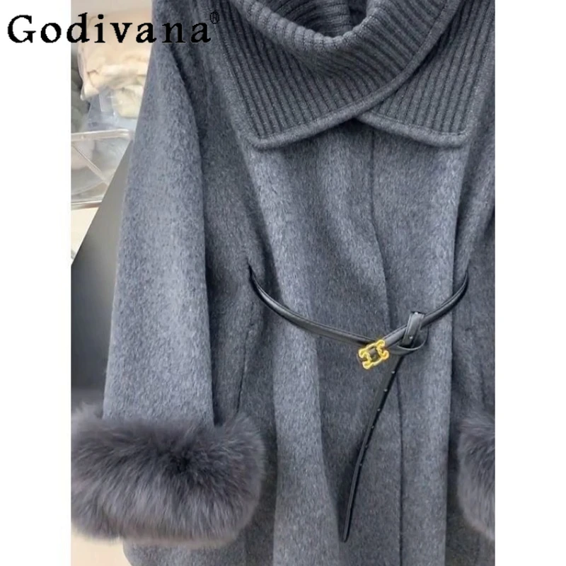 Abrigo de lana con capa y bufanda gris para mujer, abrigo de lana holgado y cálido de gama alta, abrigo de longitud media grueso japonés para mujer