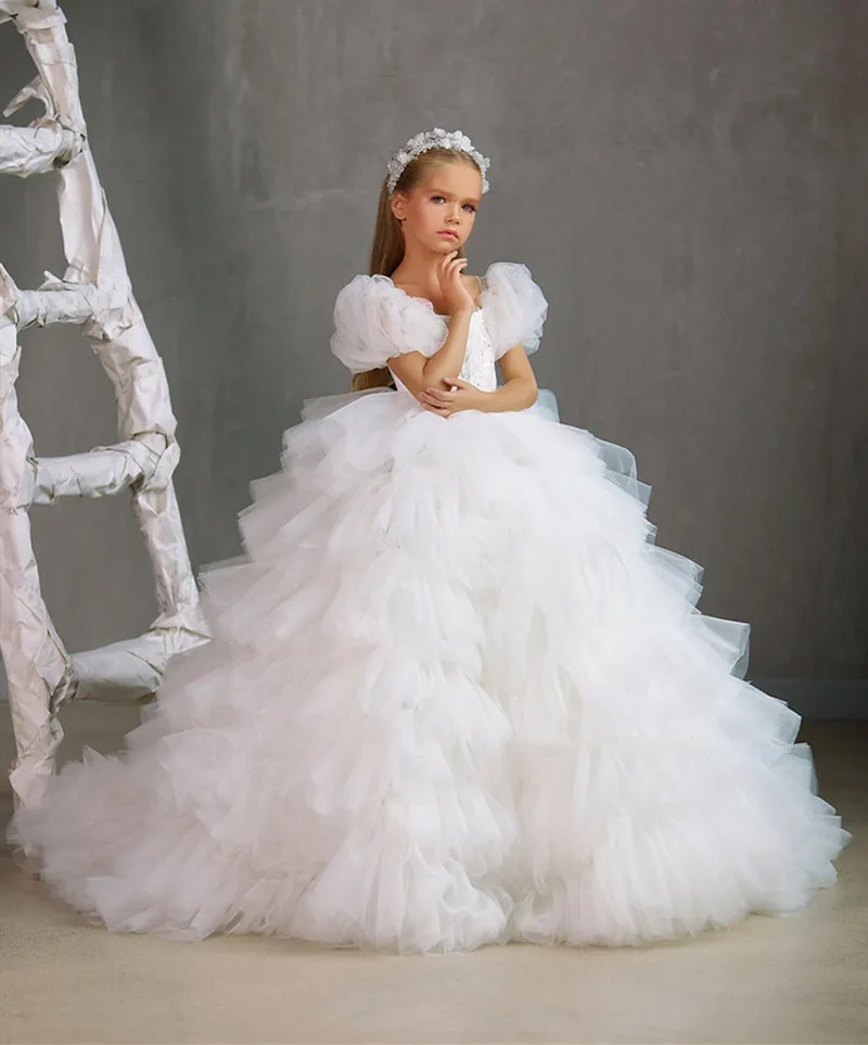 

Ball Gown Fluffy Girls First Communion Dress Tiered Tulle Princess White Flower Girl Dress Wedding Party Dress