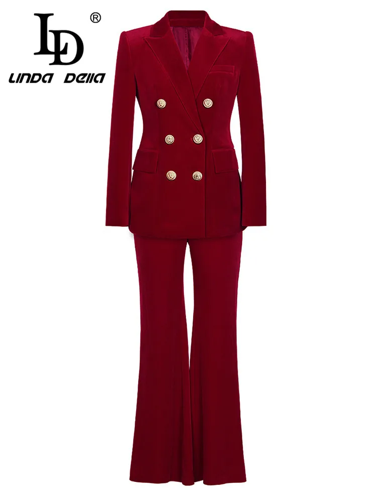 

LD LINDA DELLA Fashion Runway Spring Pants Suit Women Double breasted Long Blazer + Flare Pants Trousers 2 Two-piece Set