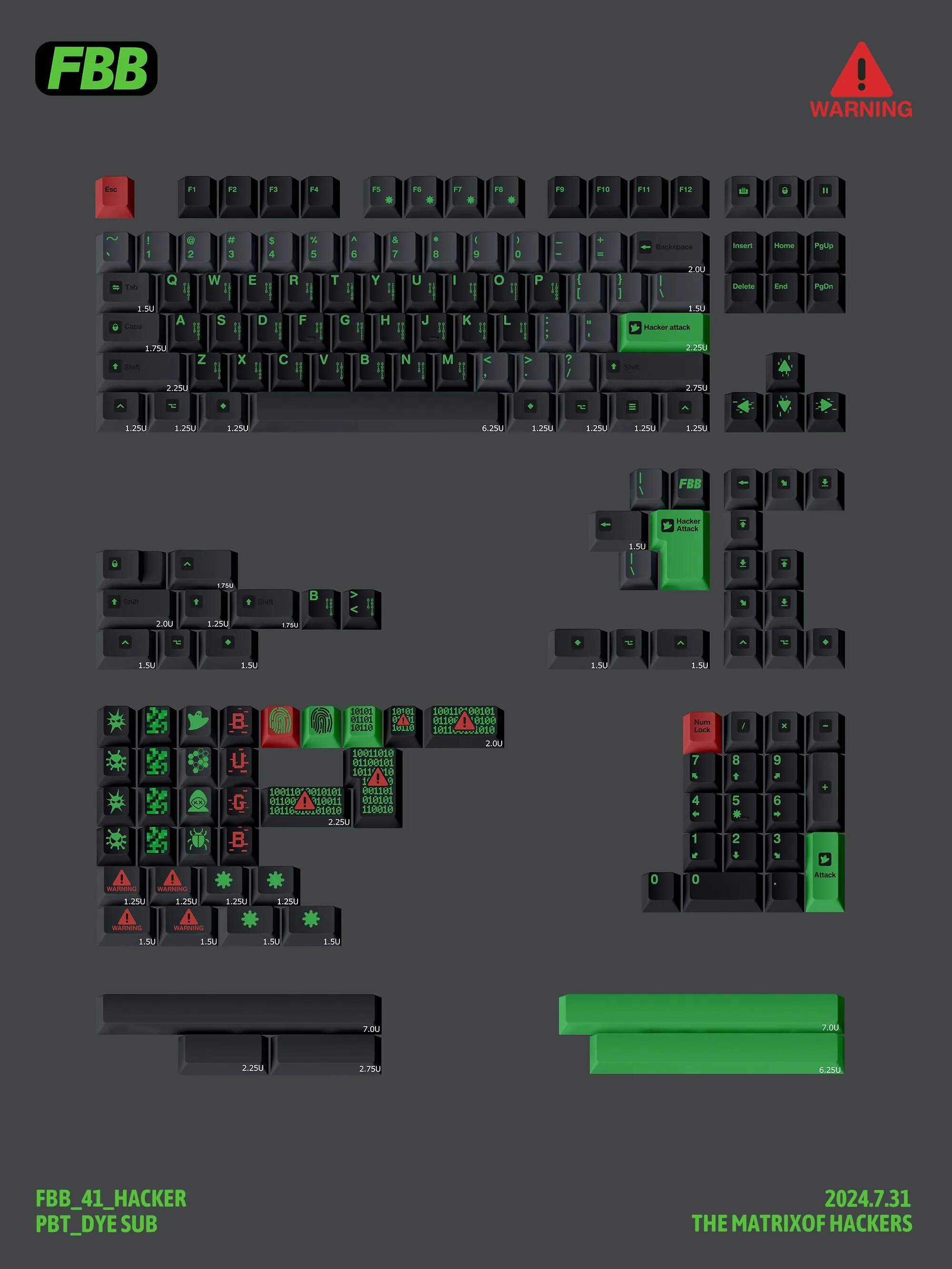 FBB Original Keycap Hacker Five-Sided Sublimation PBT Custom Mechanical Keyboard Key Caps Black Magnetic Axis DIY Accessories