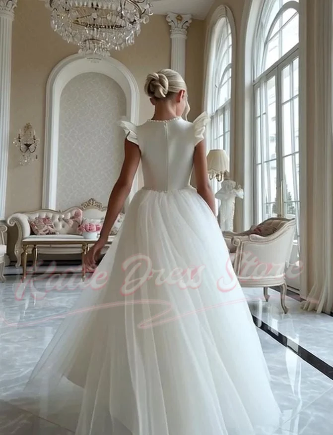 Customized Flower Girl Dress For Wedding Tulle Puffy Pearls Sleeveless Princess Kids Birthday First Communion Ball Gowns