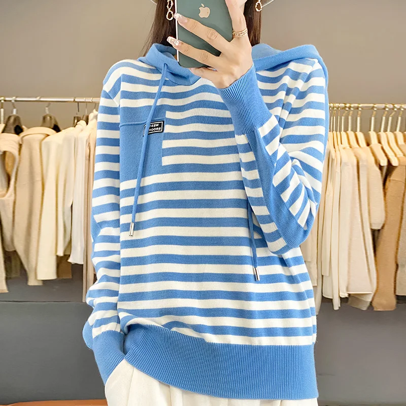 2024 Women's Hoodie Women's Cashmere Sweater Women's Thick Sweater Knitted Hoodie Striped Sweater Top Women's Coat