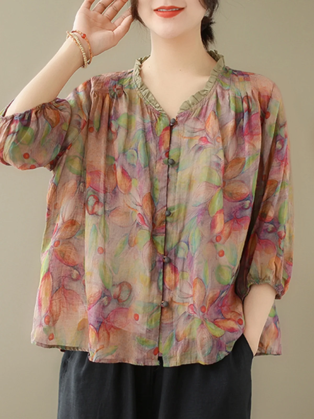 Retro Floral Print Flax Shirt for Women with Lace Hemline Forest System Anti-Aging Doll Shirt Top Button Closure Loose Fit
